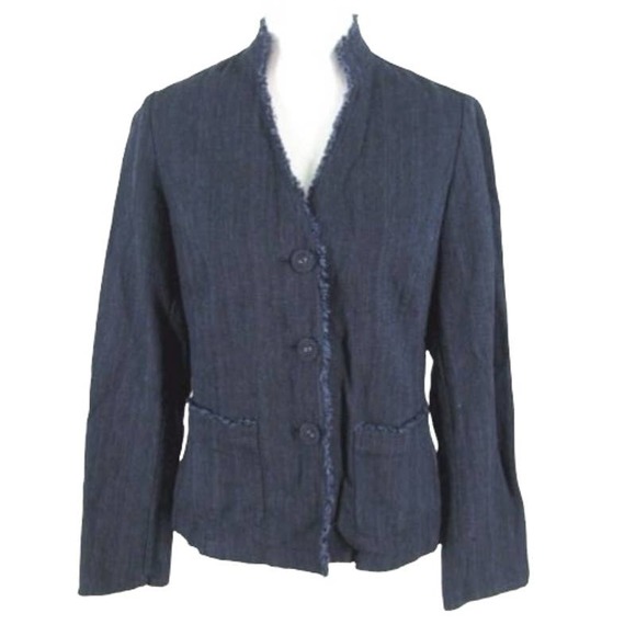 J Jill Blue Black Linen Rayon Lightweight "Fringe" Trim Blazer Career Sz 16 - Picture 1 of 5